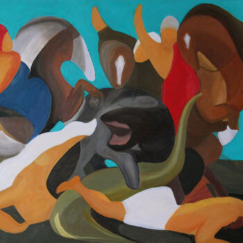 Painting titled "La chasse à l'hippo…" by Catherine Costet (Lccat), Original Artwork, Oil