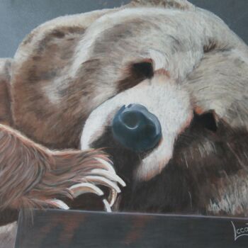 Schilderij getiteld "La sieste de l'ours…" door Catherine Costet (Lccat), Origineel Kunstwerk, Pastel