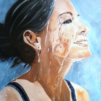 Peinture intitulée "femme-sous-la-pluie…" par Catherine Degrenne, Œuvre d'art originale, Huile