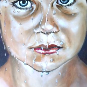 Painting titled "enfant-sous-la-plui…" by Catherine Degrenne, Original Artwork, Oil