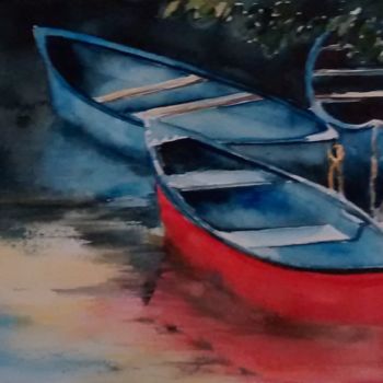 Painting titled "Trois bateaux" by Catherine Delarue, Original Artwork, Watercolor