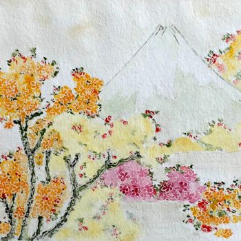 Malerei mit dem Titel "Mont Fuji en fleurs" von Catherine Dentz, Original-Kunstwerk, Aquarell