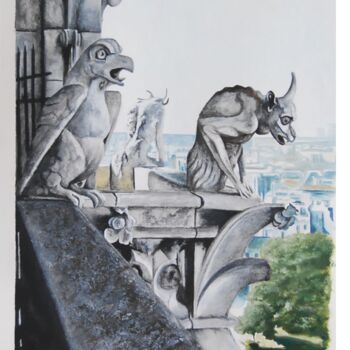 Painting titled "gargouilles-de-notr…" by Catherine Digue - Turpin, Original Artwork, Gouache