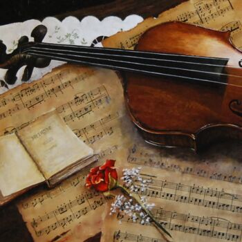 Painting titled "le-violon-et-la-ros…" by Catherine Digue - Turpin, Original Artwork