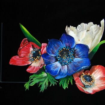 Painting titled "anémones et tulipeà…" by Catherine Digue - Turpin, Original Artwork, Gouache