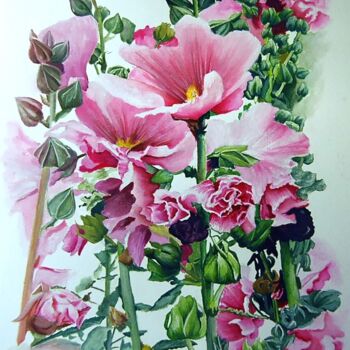 Peinture intitulée "roses-tremieres-de-…" par Catherine Digue - Turpin, Œuvre d'art originale, Gouache