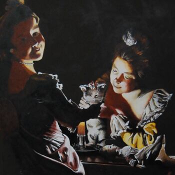 Pittura intitolato "dressing the kitten" da Catherine Digue - Turpin, Opera d'arte originale, Gouache