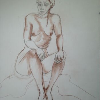 Dessin intitulée ""Nue assise de face"" par Catherine Drouin-Goutal, Œuvre d'art originale, Conté