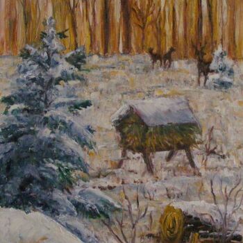 Painting titled "Animaux dans la nei…" by Catherine Dufrene (Katy), Original Artwork, Oil
