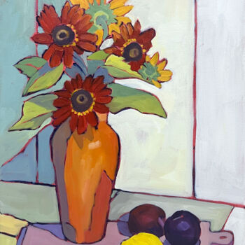 Painting titled "Sunflowers for a Se…" by Catherine J. Martzloff, Original Artwork, Oil Mounted on Wood Stretcher frame