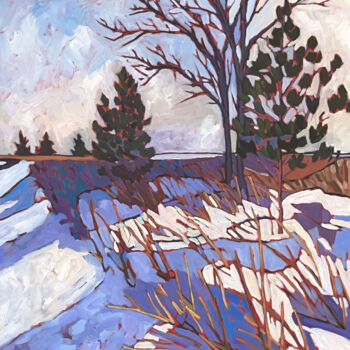 Painting titled "A Snowy Crossing" by Catherine J. Martzloff, Original Artwork, Oil Mounted on Wood Stretcher frame