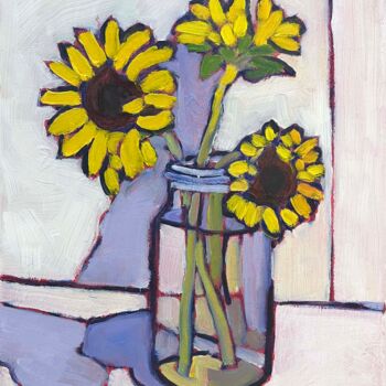 Painting titled "Three Sunflowers" by Catherine J. Martzloff, Original Artwork, Oil Mounted on Wood Stretcher frame