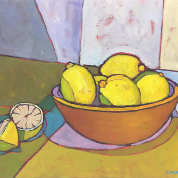 Painting titled "Zestful Lemons" by Catherine J. Martzloff, Original Artwork, Oil Mounted on Wood Stretcher frame