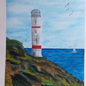 Painting titled "Phare imaginé 01" by Catdicop, Original Artwork, Watercolor