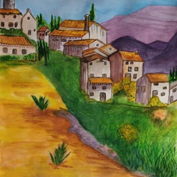 Pittura intitolato "Village Provencale" da Catdicop, Opera d'arte originale, Acquarello