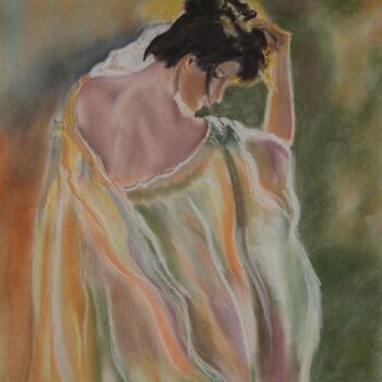 Drawing titled "Femme se coiffant" by Catherine Lacroix, Original Artwork, Pastel