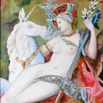 Peinture intitulée "La Dame à la Licorne" par Andromaque, Œuvre d'art originale, Huile