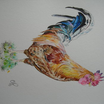 Pintura intitulada "coq" por Catherine Reybard, Obras de arte originais, Aquarela