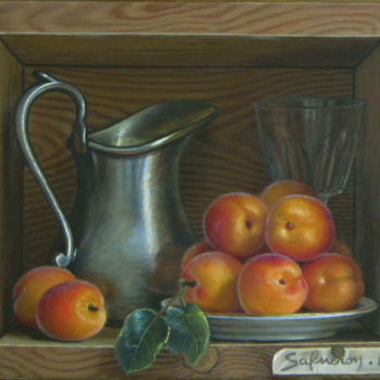 Peinture intitulée "cruche-et-abricots" par Catherine Salmeron, Œuvre d'art originale, Huile