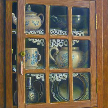 Painting titled "La vitrine" by Catherine Salmeron, Original Artwork, Oil Mounted on Wood Stretcher frame