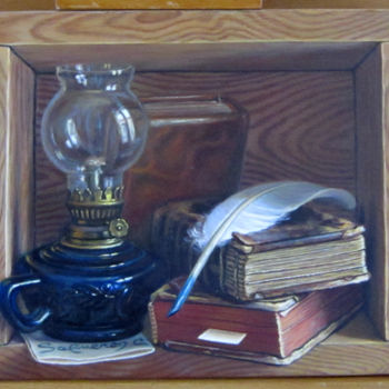 Painting titled "La lampe-bleue." by Catherine Salmeron, Original Artwork, Oil