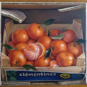 Painting titled "Cagette de mandarin…" by Catherine Salmeron, Original Artwork, Oil Mounted on Wood Stretcher frame