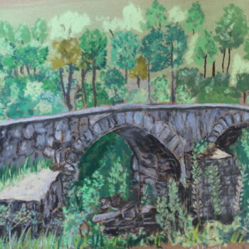 Peinture intitulée "pont-medieval-riber…" par Catherine Souet Bottiau, Œuvre d'art originale, Pastel