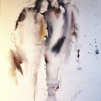 Painting titled ""L'OUTRE-SOI"" by Catherine Villa, Original Artwork, Watercolor Mounted on Wood Panel
