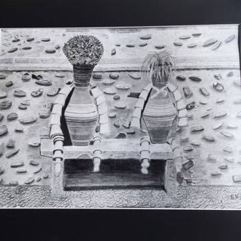 Dessin intitulée "pots de fleurs" par Catherine Willaumez, Œuvre d'art originale, Crayon