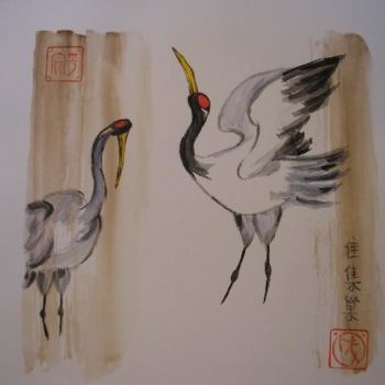 Peinture intitulée "Bái hè  白鹤" par Catherine Falize, Œuvre d'art originale