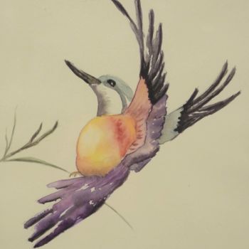 Painting titled "L'oiseau" by Peinturecath, Original Artwork, Watercolor Mounted on Glass
