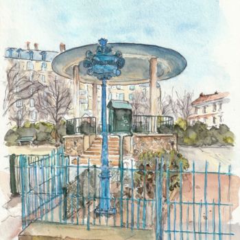 Картина под названием "Kiosque bleu de fro…" - Catherine Rossi, Подлинное произведение искусства, Акварель