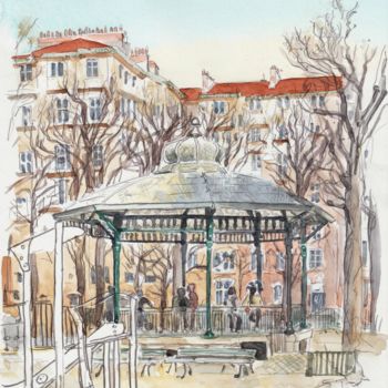 Malerei mit dem Titel "Kiosque du square N…" von Catherine Rossi, Original-Kunstwerk, Aquarell