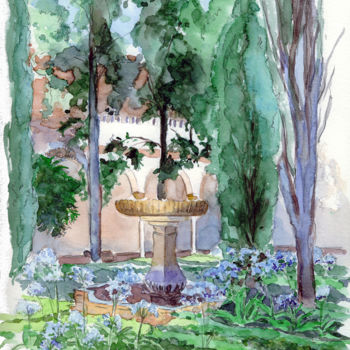 Painting titled "Patio bleu de l'Alh…" by Catherine Rossi, Original Artwork, Watercolor