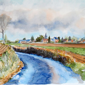 Peinture intitulée "Vermand, environs" par Catherine Rossi, Œuvre d'art originale, Aquarelle