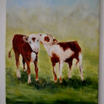 Painting titled "Petits veaux" by Catherine Ruard, Original Artwork, Oil