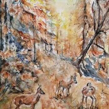 Pintura intitulada "les chevreuils" por Catherine Saint Fontaine, Obras de arte originais, Aquarela