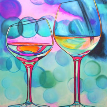 Drawing titled "COUPLE VERRE à VIN…" by Catherine Wernette, Original Artwork, Pastel