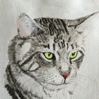 Pintura intitulada "CHAT tigré aux yeux…" por Cathou-Bazec, Obras de arte originais, Acrílico