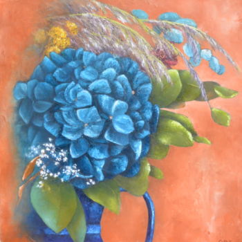 Malarstwo zatytułowany „Dans le broc bleu” autorstwa Catherine Faure, Oryginalna praca, Olej Zamontowany na Drewniana rama n…