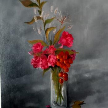 Schilderij getiteld "Nature morte roses…" door Catherine Maze, Origineel Kunstwerk, Olie