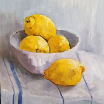 Schilderij getiteld "Les citrons" door Catherine Maze, Origineel Kunstwerk, Olie Gemonteerd op Houten paneel