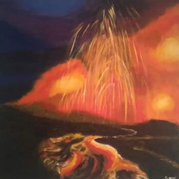 Painting titled "Feu de la terre ,ja…" by Cathy Occo, Original Artwork, Oil