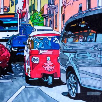 Disegno intitolato "Le tuktuk" da Cathy Scosceria, Opera d'arte originale, Pennarello