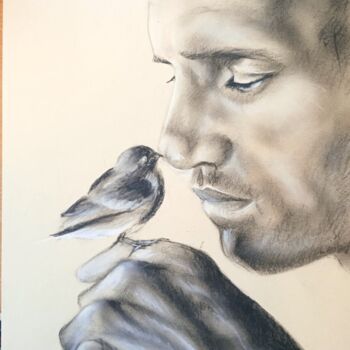 Drawing titled "L'homme et l'oiseau" by Cathy, Original Artwork, Pastel