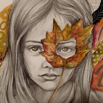 Painting titled "regard d'automne" by Cathy, Original Artwork, Pencil