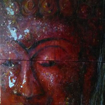 Painting titled "Bouddha rouge et or" by Catherine Cabé (CAT.), Original Artwork, Oil