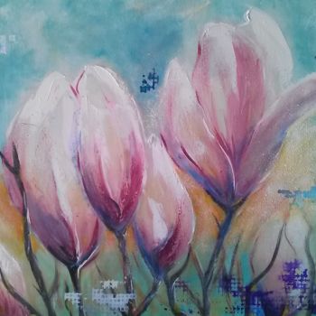 Peinture intitulée "magnolia fond turqu…" par Catherine Cabé (CAT.), Œuvre d'art originale, Huile