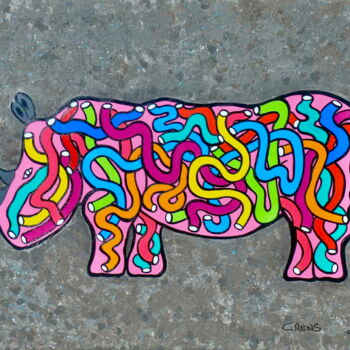 Painting titled "Rhinocéros" by Catherine Rens, Original Artwork, Acrylic Mounted on Wood Stretcher frame