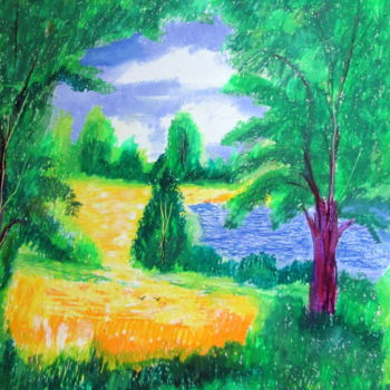 Drawing titled "au bord du lac" by Ludovic Catry, Original Artwork, Pastel